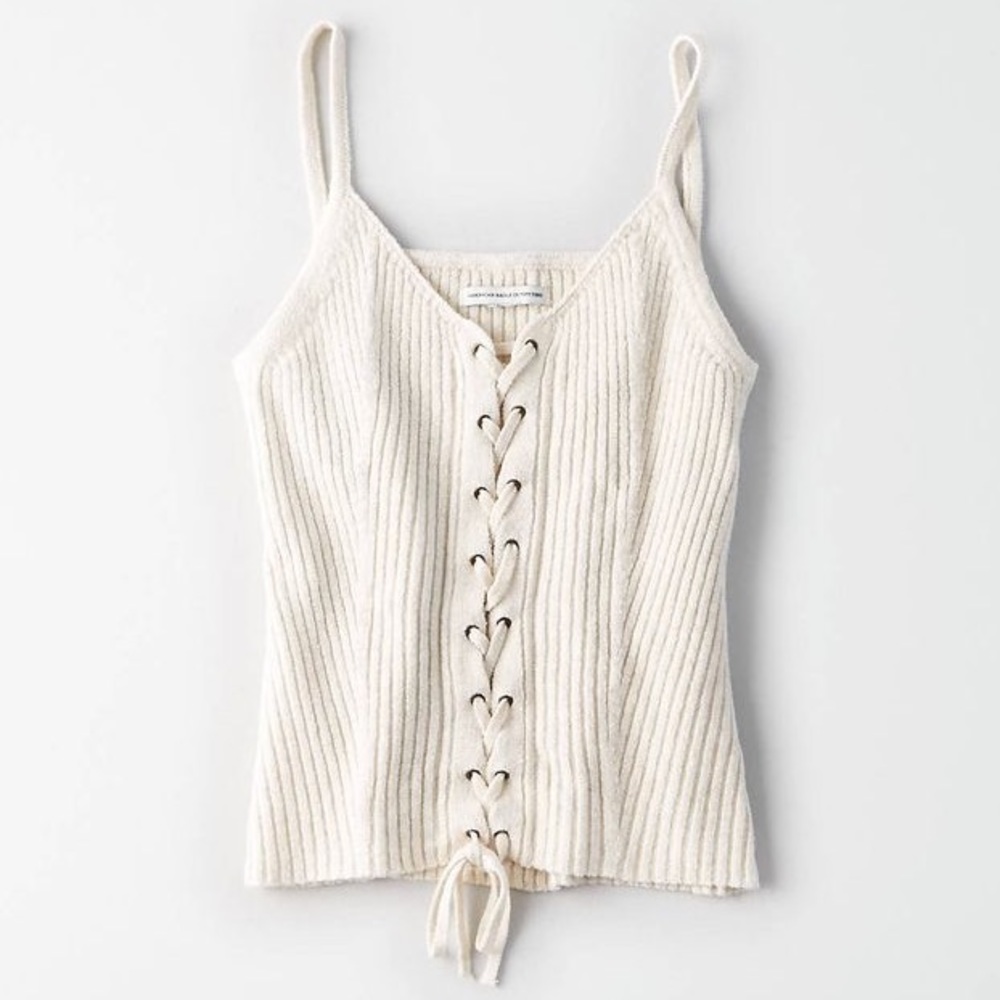 Cream knit lace up cami top🧚🏻‍♀️